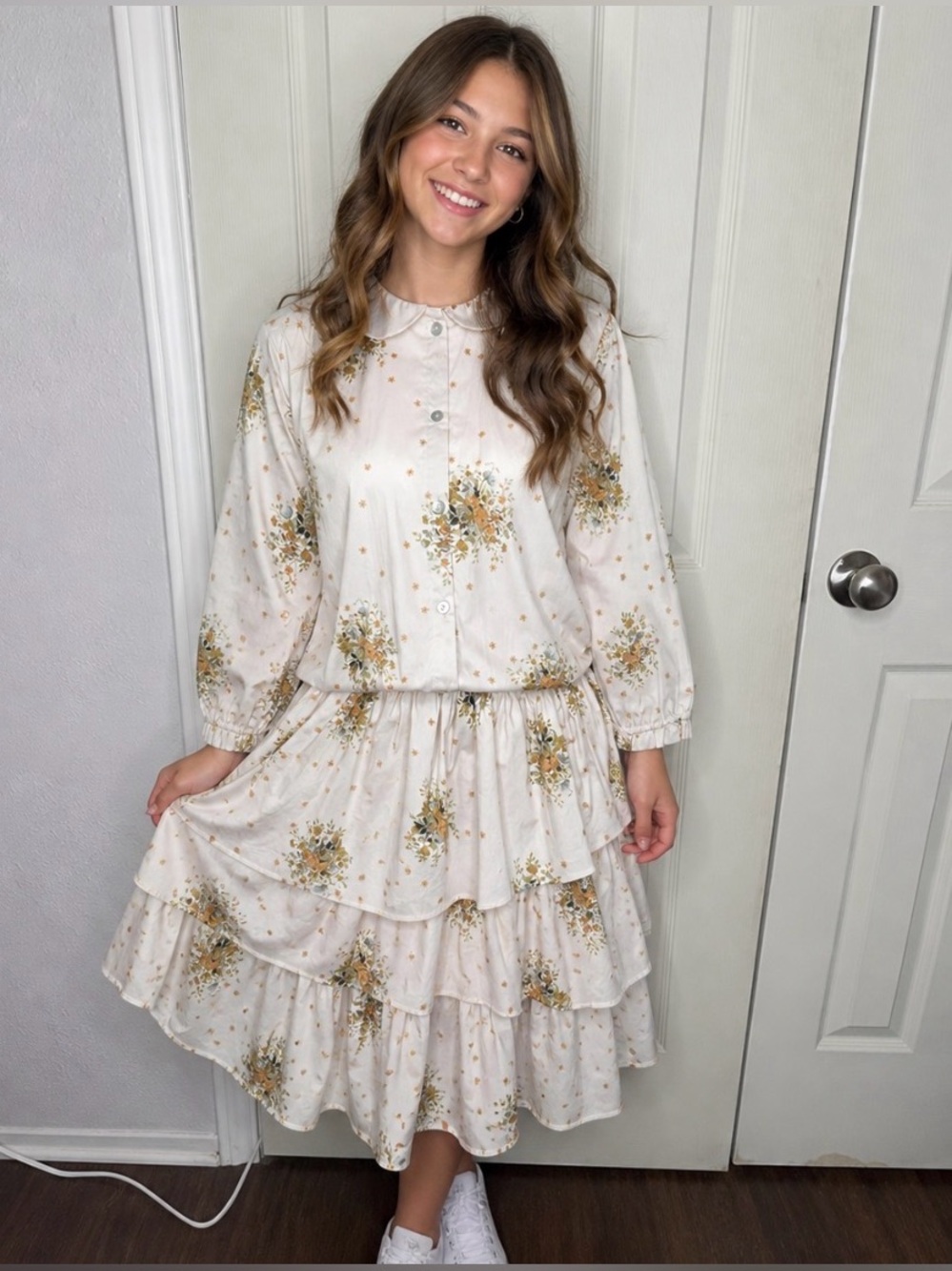 Olivia Rohde Floral Tiered Ruffle Midi Dress Cream Floral Sz S Cottagecore